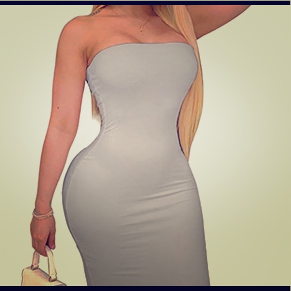 Light grey strapless dress!